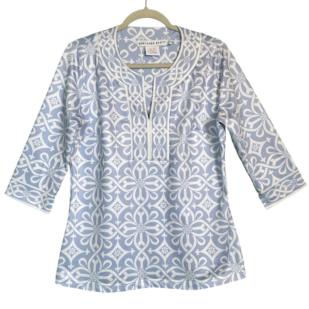 Gretchen Scott Tunic Jersey Split Neck Piazza Geometric Blue White L Preppy